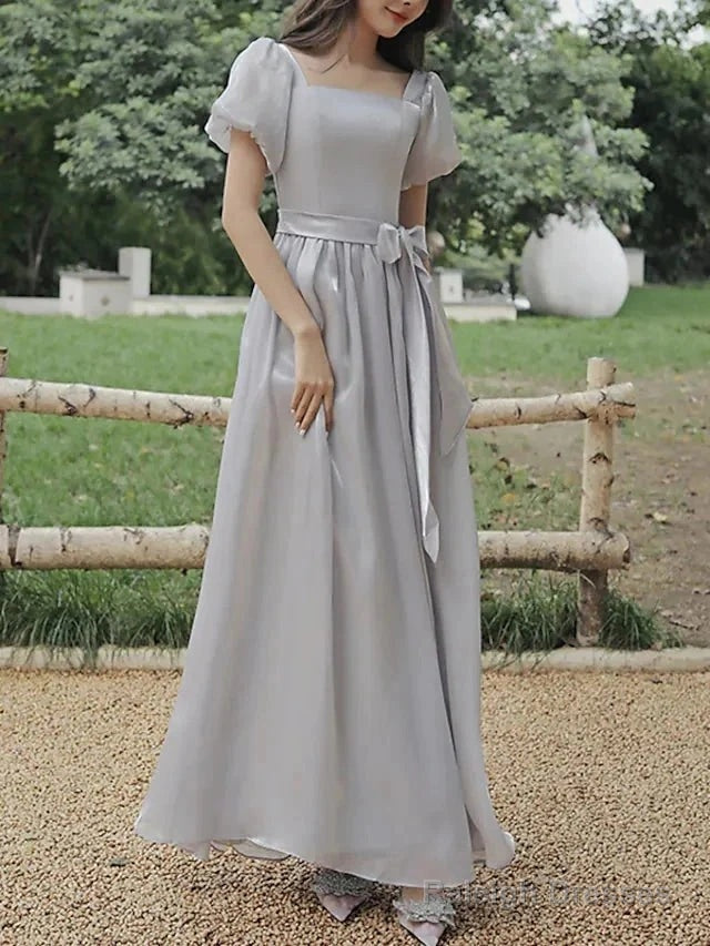 A-Line Bridesmaid Dresses Square Neck Short Sleeve Elegant Ankle Length Organza With Bow(S)