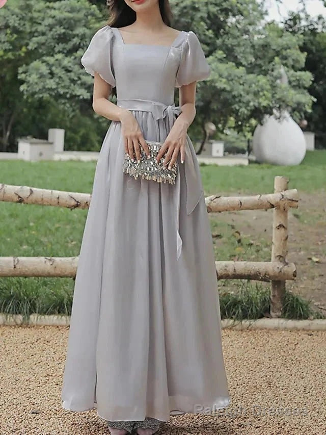 A-Line Bridesmaid Dress Square Neck Short Sleeve Elegant Ankle Length Organza With Bow(S) Main image