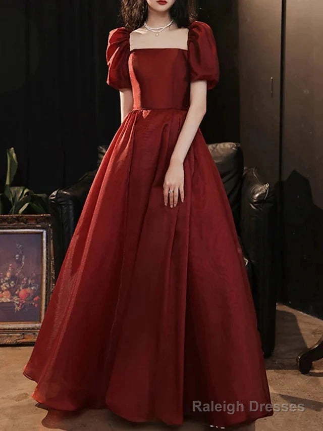 A-Line Bridesmaid Dress Square Neck Short Sleeve Elegant Floor Length Satin With Pleats