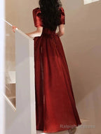 A-Line Bridesmaid Dresses Square Neck Short Sleeve Elegant Floor Length Satin With Pleats