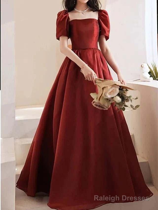A-Line Bridesmaid Dress Square Neck Short Sleeve Elegant Floor Length Satin With Pleats