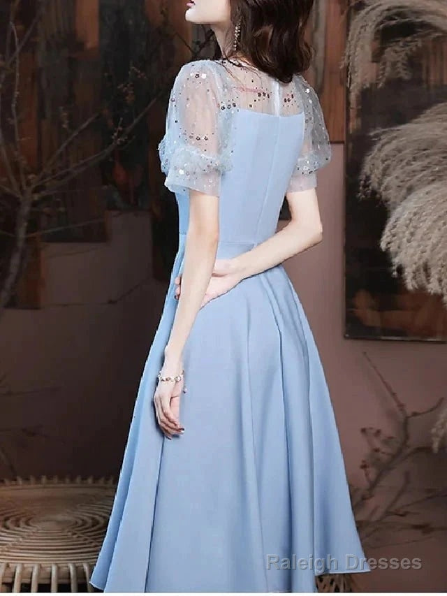 A-Line Bridesmaid Dresses Square Neck Short Sleeve Elegant Knee Length Satin With Buttons / Pleats
