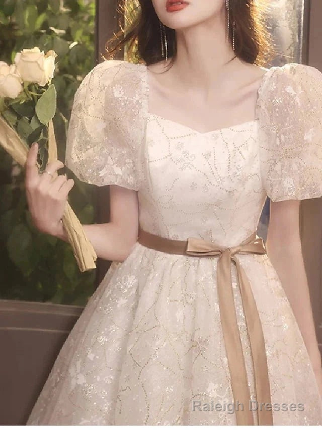 A-Line Bridesmaid Dresses Square Neck Short Sleeve Elegant Tea Length Tulle With Bow(S) / Pleats