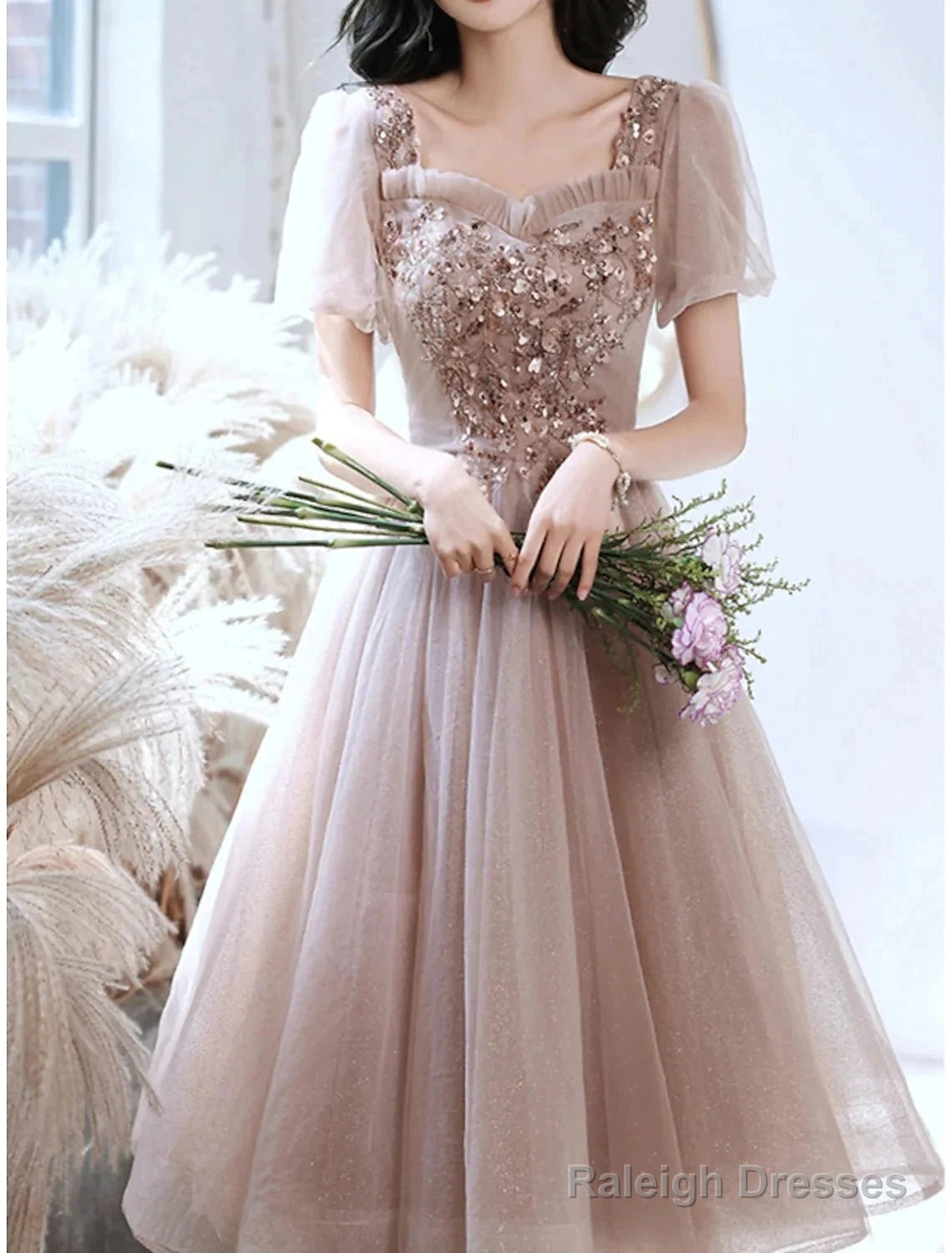 A-Line Bridesmaid Dress Square Neck Short Sleeve Elegant Tea Length Tulle With Sequin / Ruffles Main image