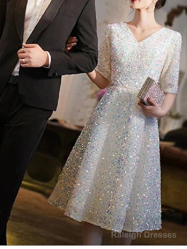 A-Line Bridesmaid Dresses V Neck Half Sleeve Elegant Knee Length Sequined With Pleats / Sequin