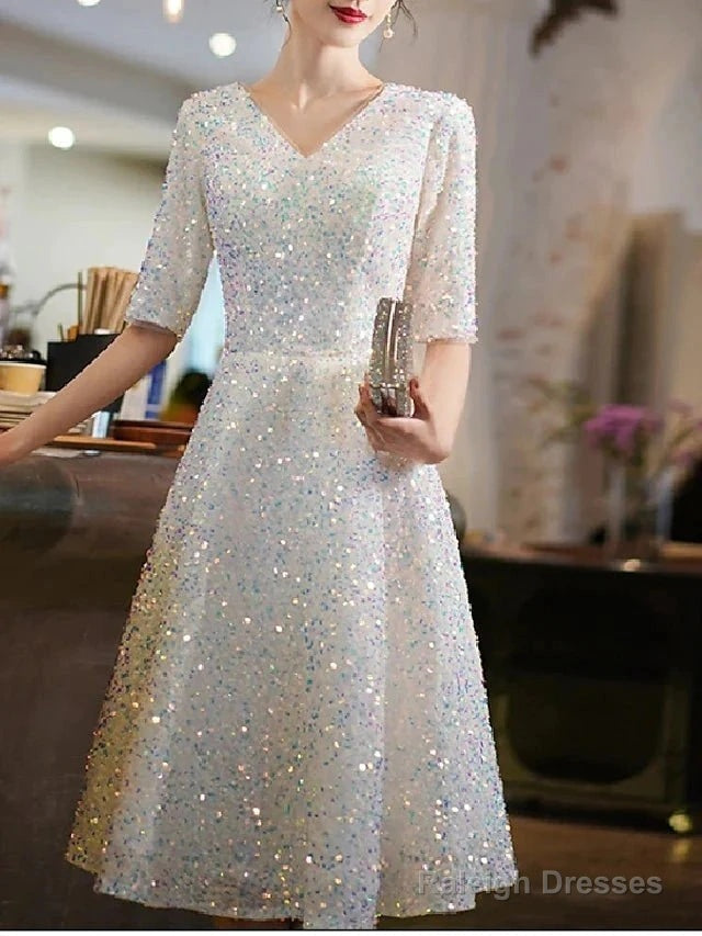 A-Line Bridesmaid Dresses V Neck Half Sleeve Elegant Knee Length Sequined With Pleats / Sequin Main image