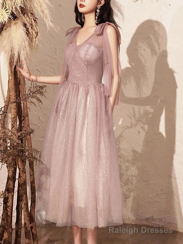 A-Line Bridesmaid Dress V Neck Sleeveless Elegant Tea Length Tulle With Bow(S) / Sequin Secondary image