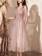 A-Line Bridesmaid Dresses V Neck Sleeveless Elegant Tea Length Tulle With Bow(S) / Sequin