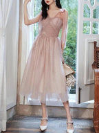 A-Line Bridesmaid Dresses V Neck Sleeveless Elegant Tea Length Tulle With Bow(S) / Sequin