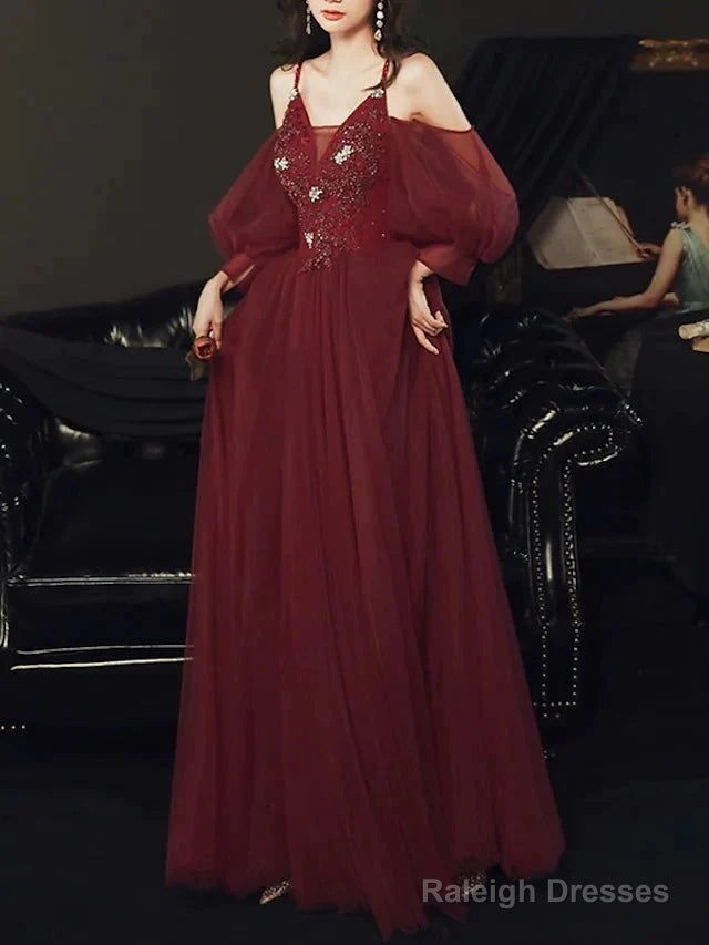 A-Line Bridesmaid Dresses V Neck / Spaghetti Strap Long Sleeve Elegant Floor Length Tulle With Appliques Secondary image