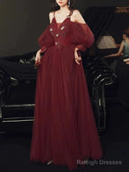 A-Line Bridesmaid Dresses V Neck / Spaghetti Strap Long Sleeve Elegant Floor Length Tulle With Appliques