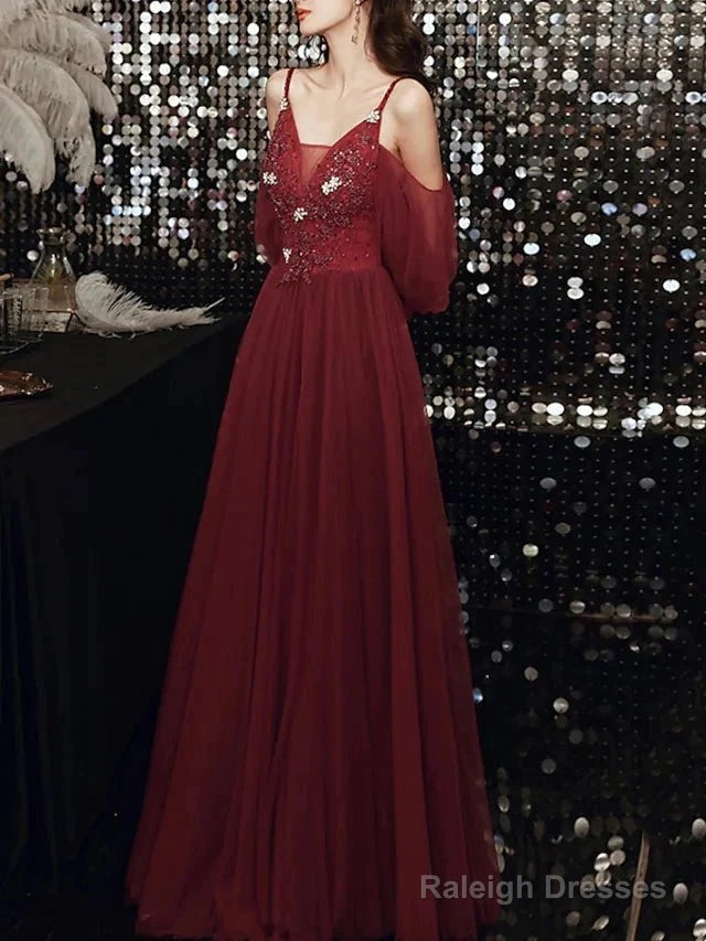 A-Line Bridesmaid Dresses V Neck / Spaghetti Strap Long Sleeve Elegant Floor Length Tulle With Appliques