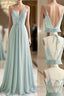 A Line Bridesmaid Dresses V Neck / Spaghetti Strap Sleeveless Floor Length Chiffon / Lace With Appliques