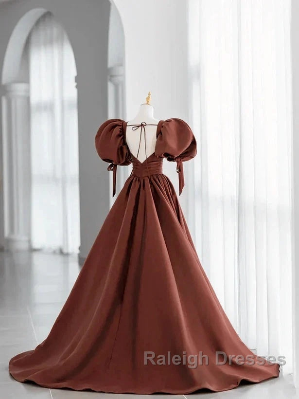 A-Line Brown Satin Ball Gown Short Sleeves Long Party Dress V-Neckline Prom Dress