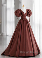 A-Line Brown Satin Ball Gown Short Sleeves Long Prom Dresses V-Neckline Prom Dresses