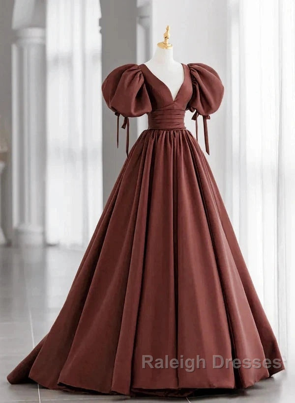 A-Line Brown Satin Ball Gown Short Sleeves Long Prom Dresses V-Neckline Prom Dresses