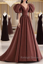 A-Line Brown Satin Ball Gown Short Sleeves Long Party Dress V-Neckline Prom Dress