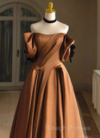A-Line Brown Satin Off Shoulder Scoop Long Prom Dress, Satin Evening Dress