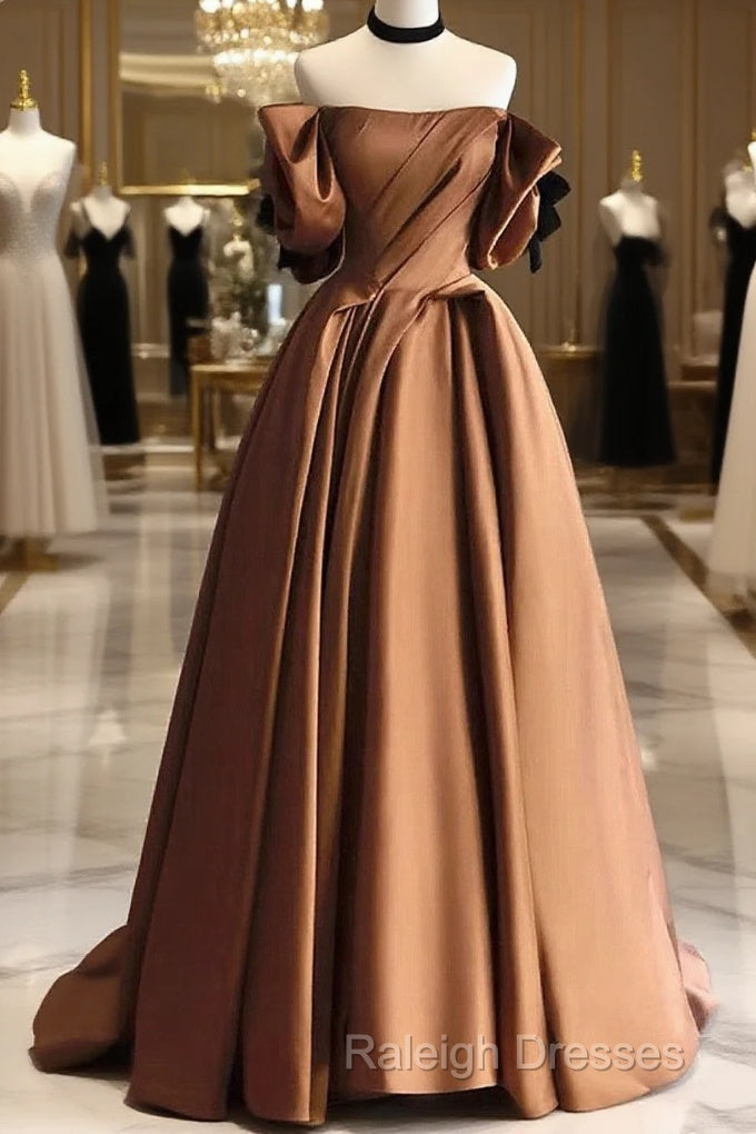 A-Line Brown Satin Off Shoulder Scoop Long Prom Dress, Satin Evening Dress