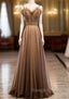 A Line Brown Tulle Spagehtti Straps Beading Sequins Prom Dress