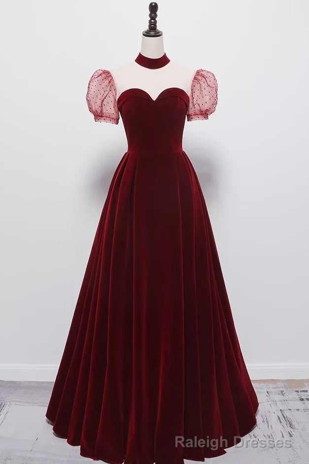 A line Burgundy Evening Party Dress Velvet Long Prom Dress