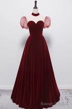 A line Burgundy Prom Prom Dress Velvet Long Prom Dress