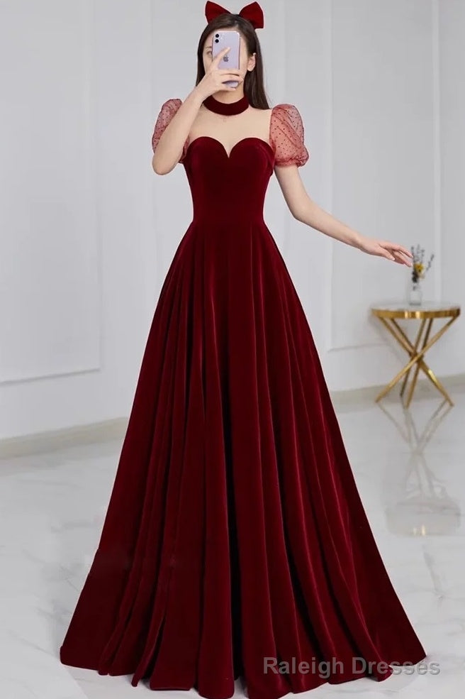 A line Burgundy Evening Party Dress Velvet Long Prom Dress
