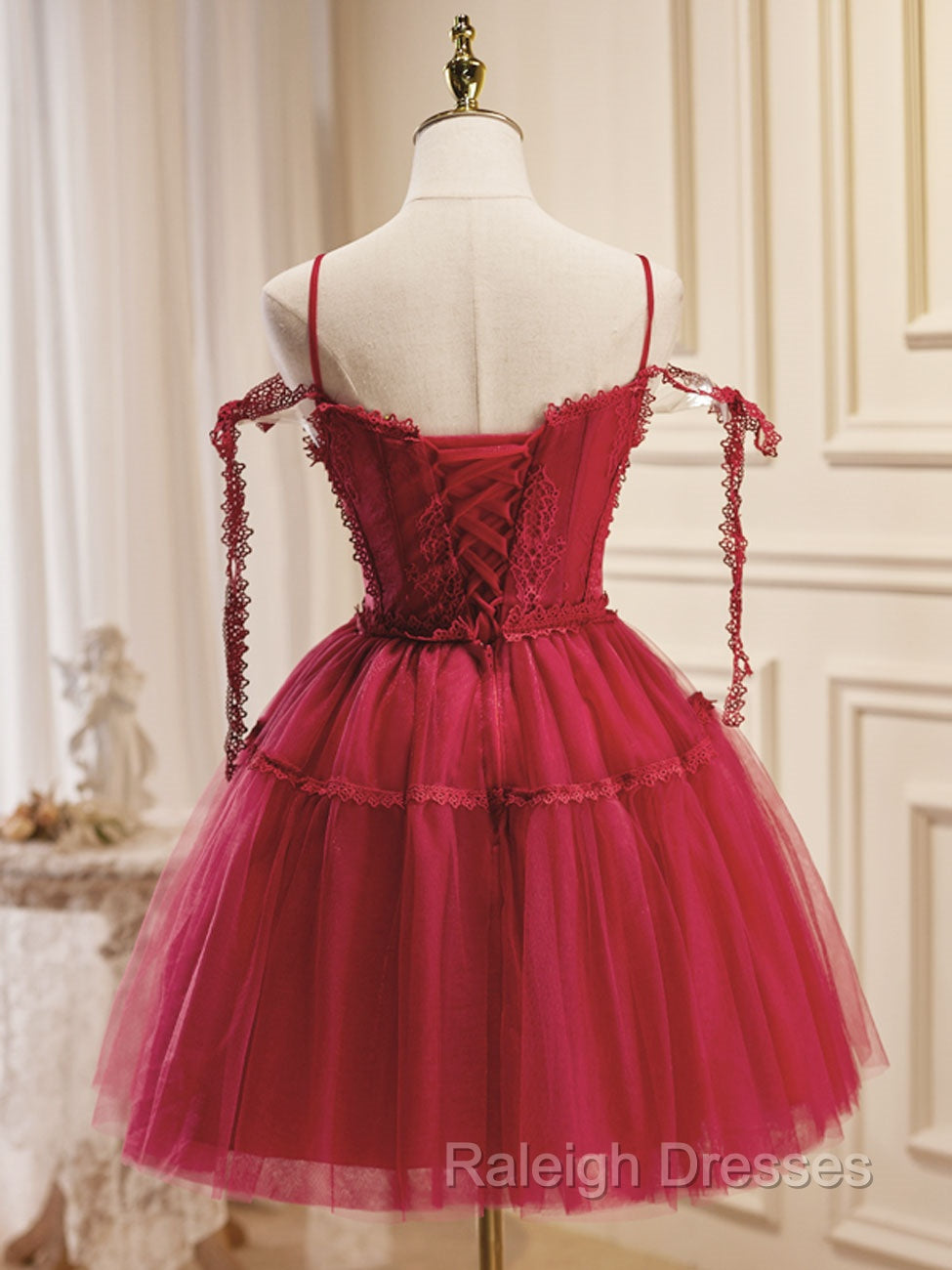 A-Line Burgundy Lace Short Prom Dress, Burgundy Puffy Homecoming Dresses