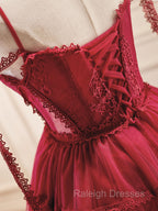 A Line Burgundy Lace Short Prom Dresses Burgundy Puffy Homecoming Dress