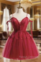 A-Line Burgundy Lace Short Prom Dress, Burgundy Puffy Homecoming Dresses