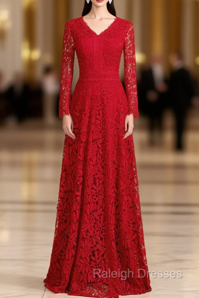 A Line Burgundy Lace V Neck Long Sleeve Prom Dresses Main image