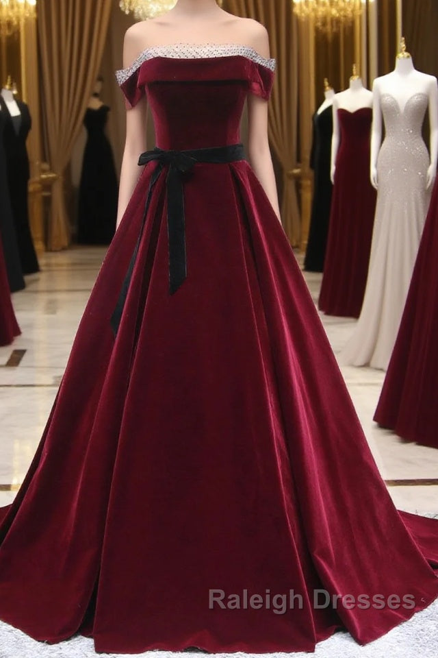 A-Line Burgundy Long Prom Dresses, Burgundy Formal Evening Dresses Main image