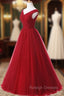 A Line Burgundy Long V Neck Tulle Prom Dresses