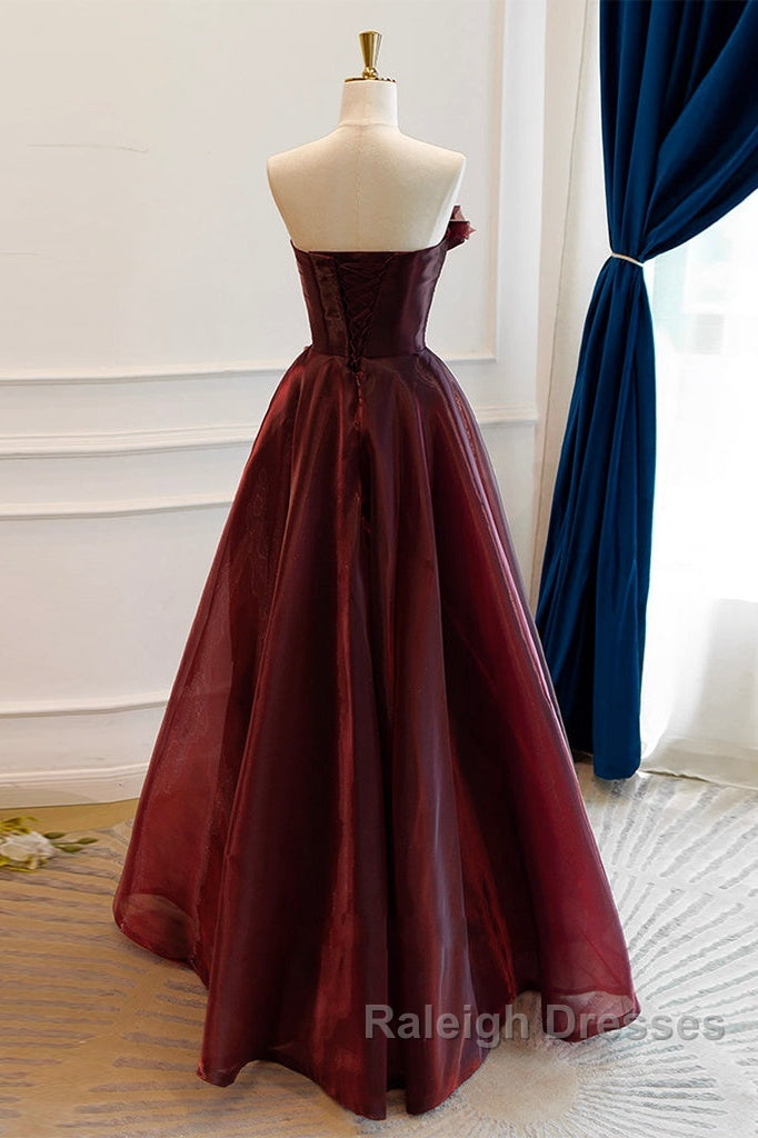 A-Line Burgundy Organza Burgundy Long Prom Dress, Burgundy Long Evening Dress