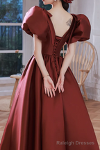 A line Burgundy Prom Dresses Long Satin Prom Dresses
