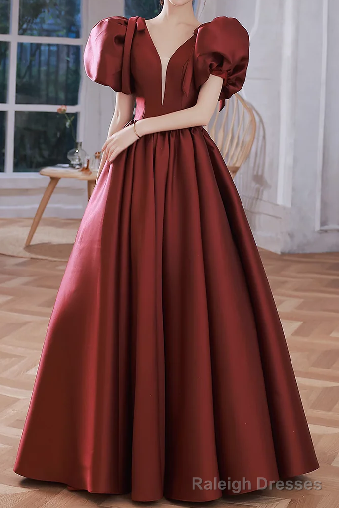 A line Burgundy Party Dresses Long Satin Prom Dresses Main image