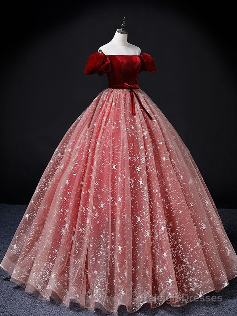 A-Line Burgundy/Pink Tulle Long Prom Dress, Burgundy/Pink Sweet 16 Dress