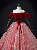 A-Line Burgundy/Pink Tulle Long Prom Dress, Burgundy/Pink Sweet 16 Dress