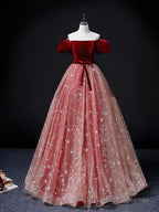 A-Line Burgundy/Pink Tulle Long Prom Dress, Burgundy/Pink Sweet 16 Dress