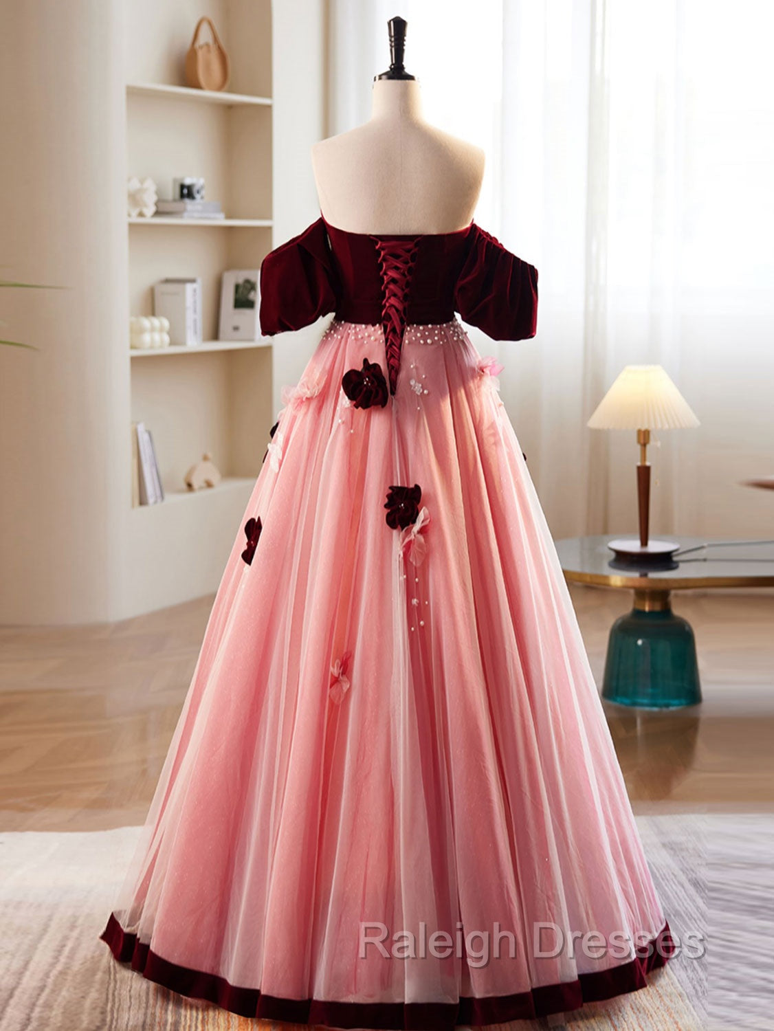 A Line Burgundy/Pink Tulle Velvet Long Prom Dress, Burgundy Formal Dress