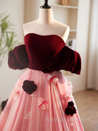 A Line Burgundy/Pink Tulle Velvet Long Prom Dress, Burgundy Formal Dress