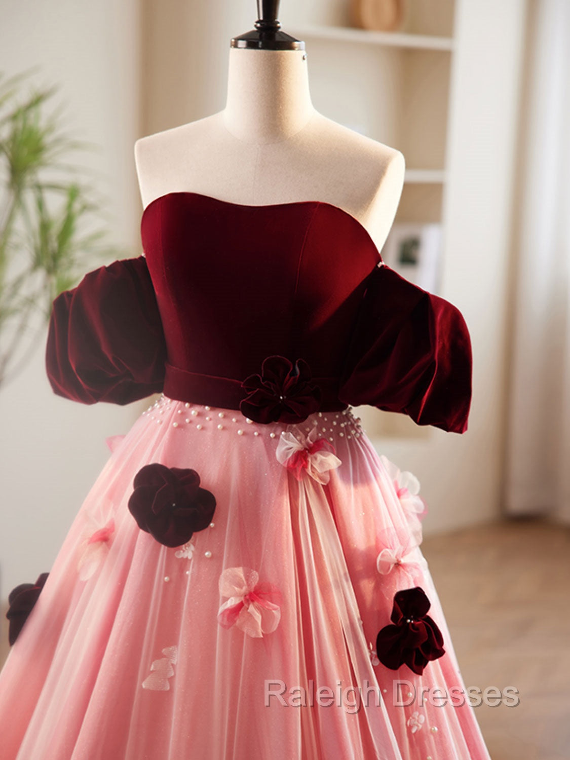 A Line Burgundy/Pink Tulle Velvet Long Prom Dress, Burgundy Formal Dress