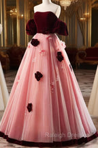 A Line Burgundy/Pink Tulle Velvet Long Prom Dress, Burgundy Formal Dress
