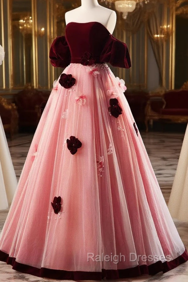 A Line Burgundy/Pink Tulle Velvet Long Prom Dress, Burgundy Formal Dress