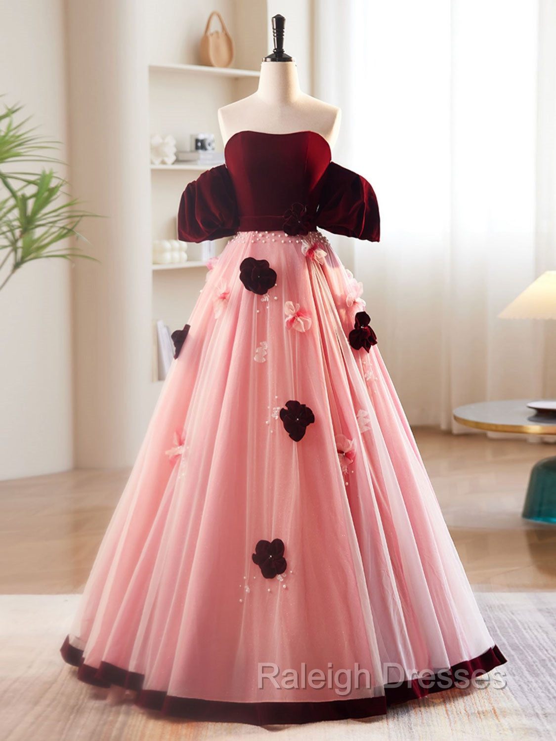 A-Line Burgundy/Pink Tulle Velvet Long Prom Dress, Burgundy Formal Dress Main image
