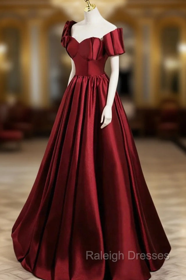 A-Line Burgundy Satin Floor Length Prom Dress, Off the Shoulder New Party Dress