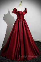 A Line Burgundy Satin Floor Length Prom Dress, Off the Shoulder New Prom Dress