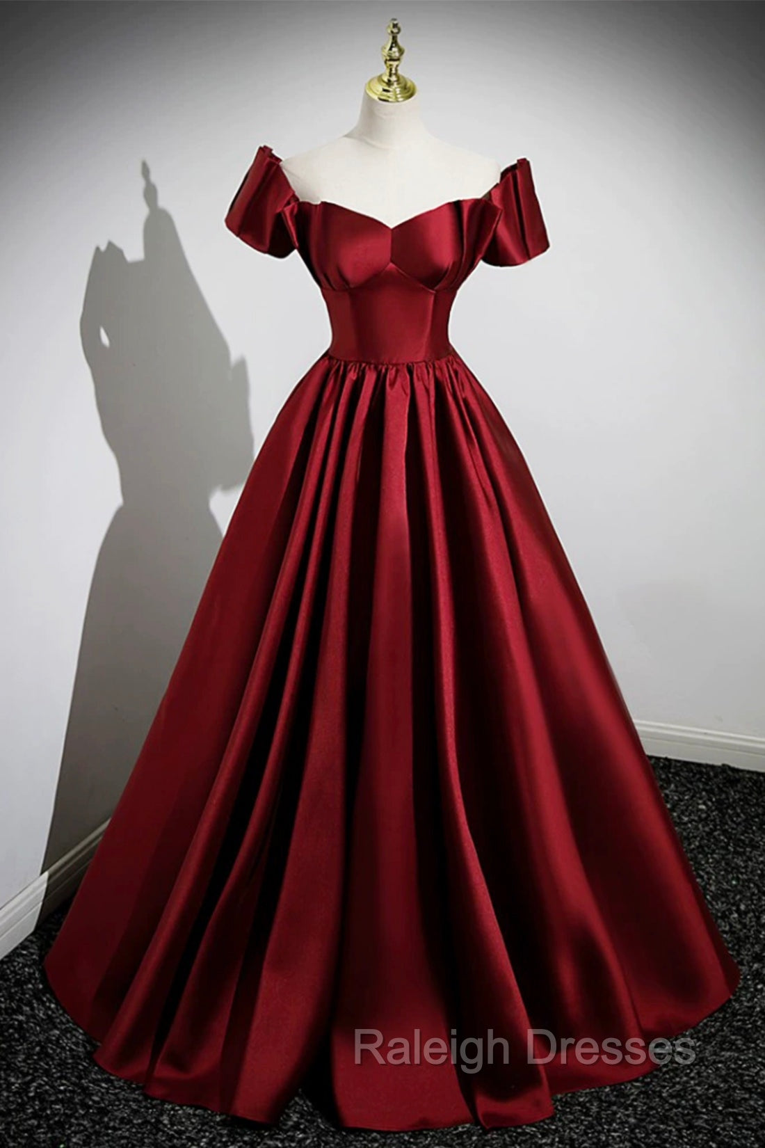 A-Line Burgundy Satin Floor Length Prom Dress, Off the Shoulder New Party Dress Main image
