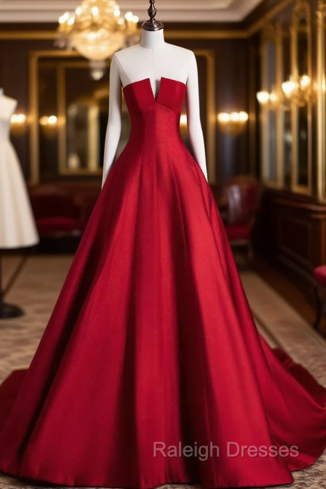 A-Line Burgundy Satin Long Prom Dress, Burgundy Long Formal Dress Main image