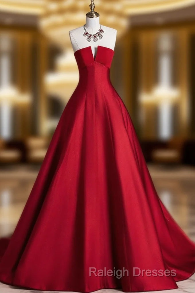 A-Line Burgundy Satin Long Prom Dress, Burgundy Long Formal Dress Main image